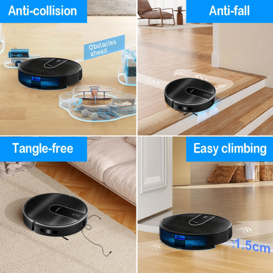 Collage of a AeroBot N7S robot vacuum cleaner demonstrating anti-collision, anti-fall, tangle-free, and easy-climbing features on various surfaces.