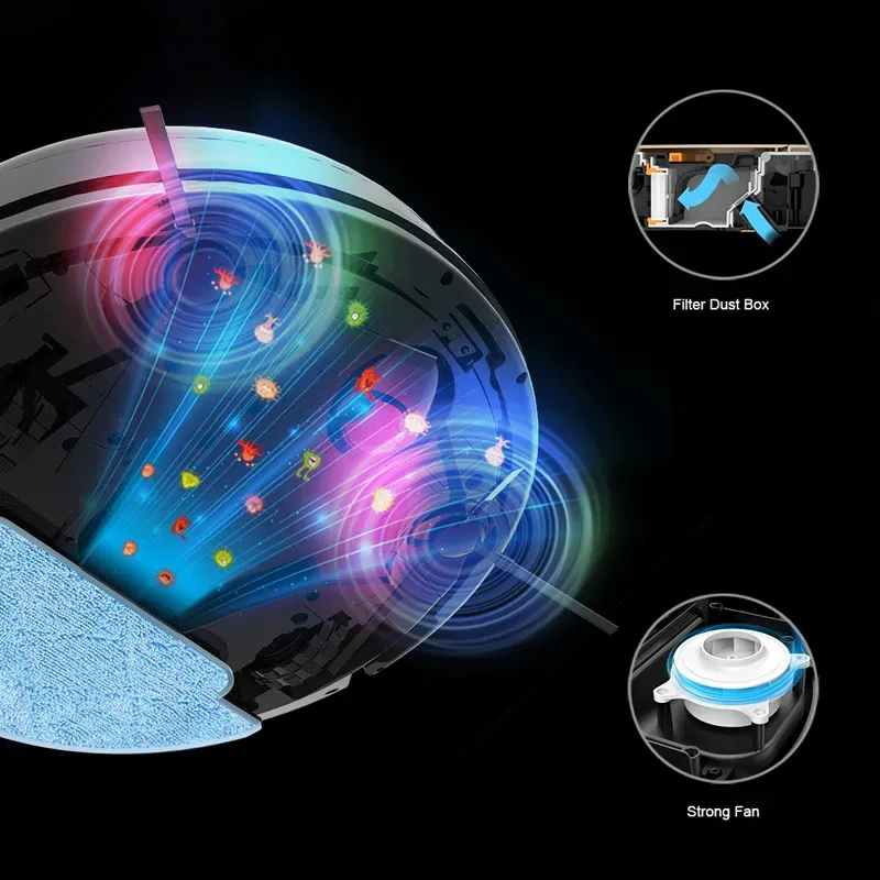 Illustration of a AeroBot N7S robot vacuum cleaner's filter and dust box with colorful particle effects on a black background.