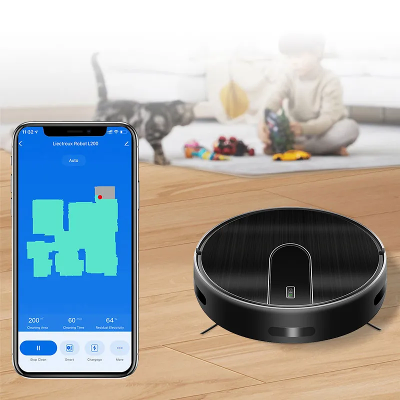 Smartphone displaying app interface next to a N7S robot vacuum cleaner on a wooden floor.