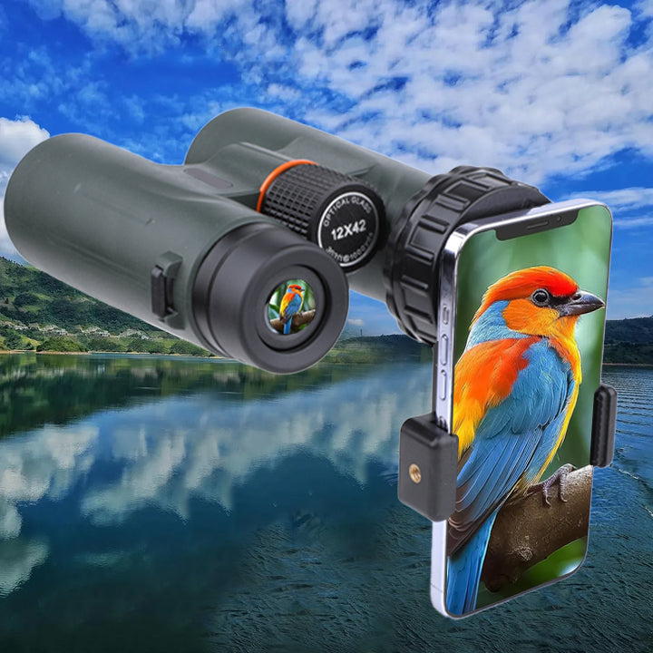 Aetheros Binoculars with a smartphone holder displaying a bird image against a scenic background