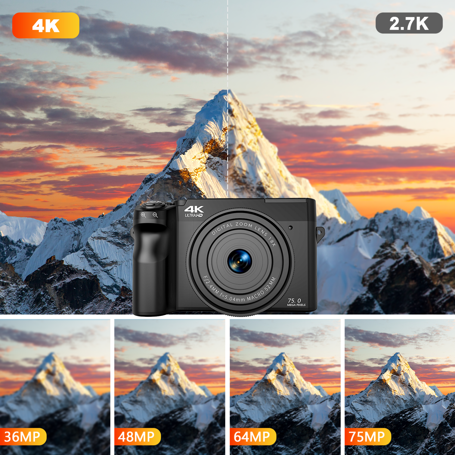 Aetheros Camera with mountain landscape showing different resolution options