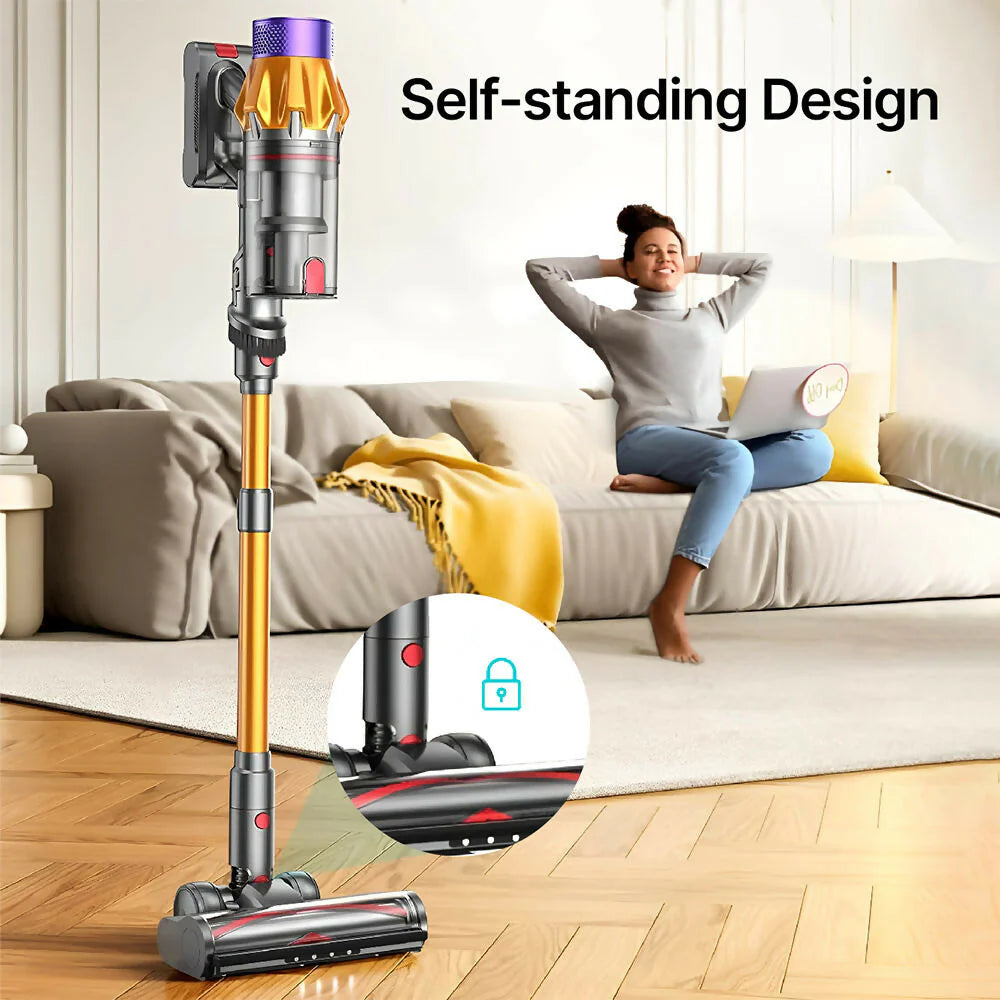 Airvax Vacuum with self-standing design feature, woman sitting on couch with laptop in living room.