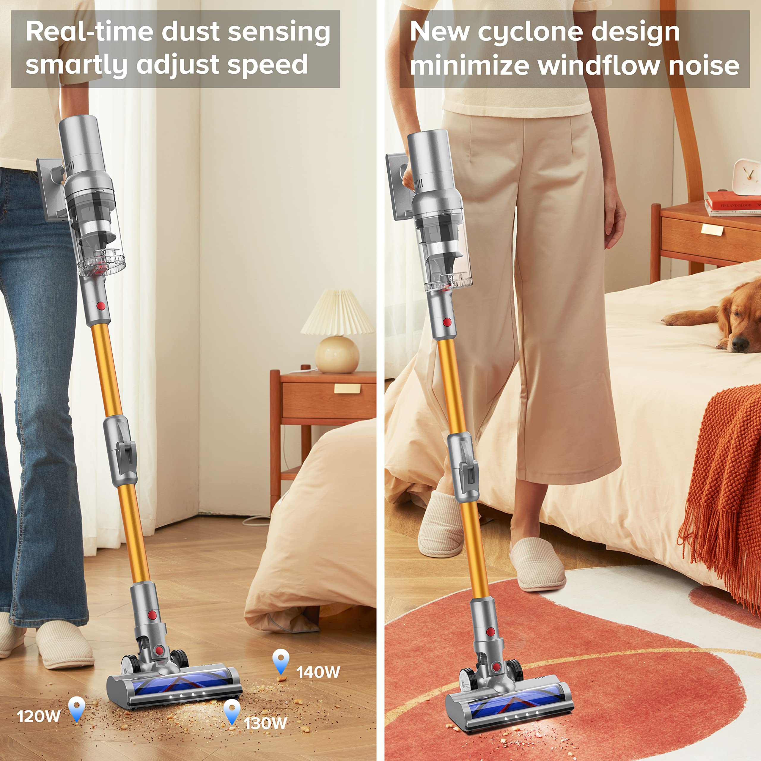 Balzy Hypersonics Pro Vacuum Cleaner with text highlighting features in a bedroom setting