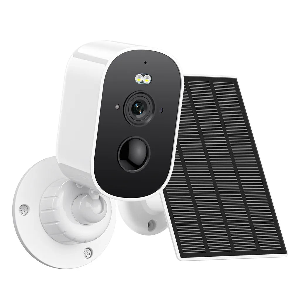 Outdoor Beelines Solar Security Camera with solar panel on a white background