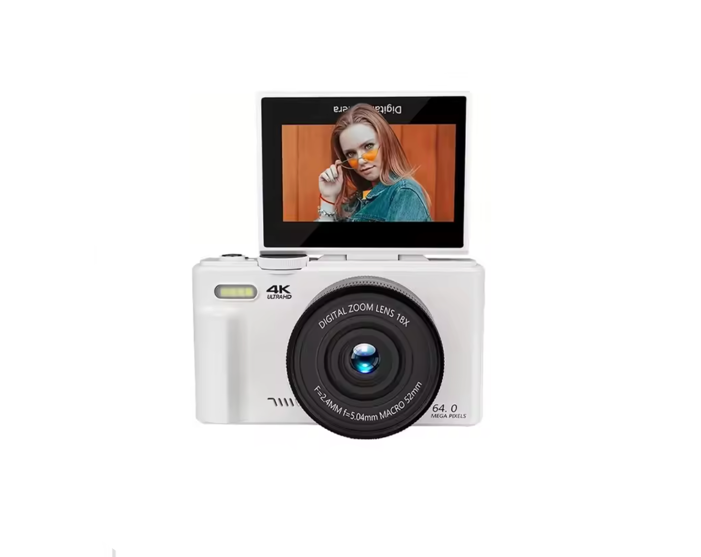 ClickZip Digital camera with a screen displaying a person, on a white background
