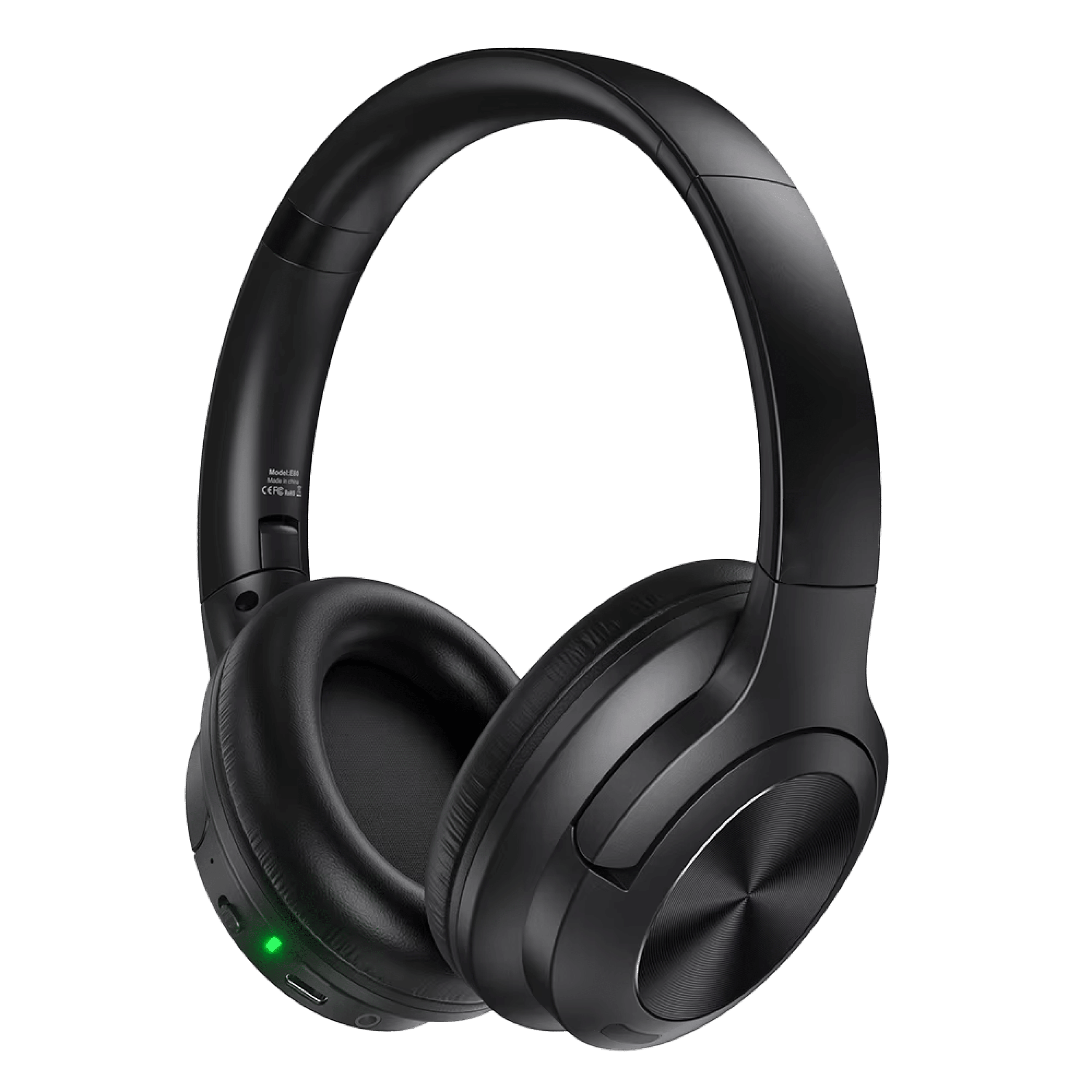 Black CushMute Noise Cancelling Headphones with a green light on a transparent background