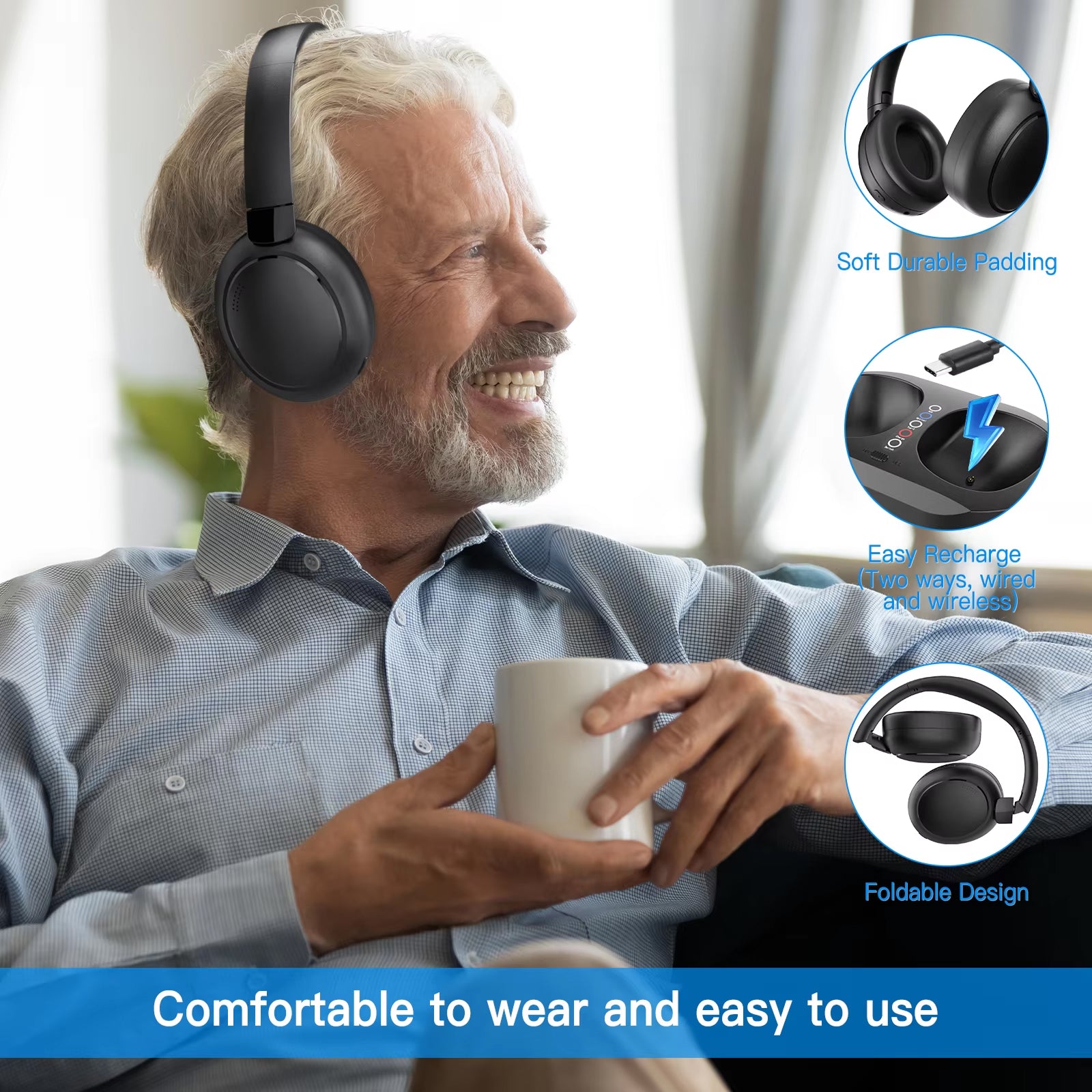 Man wearing black Ekofonic Headphones, holding a mug, with product features highlighted.