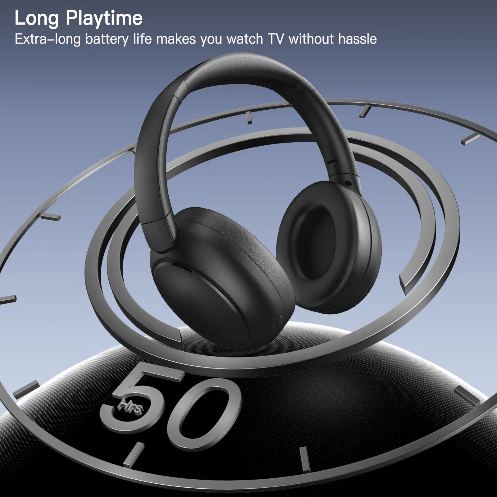 Black Ekofonic 2.0 Headphones on a circular timer with '50' indicating long playtime, against a blue gradient background.