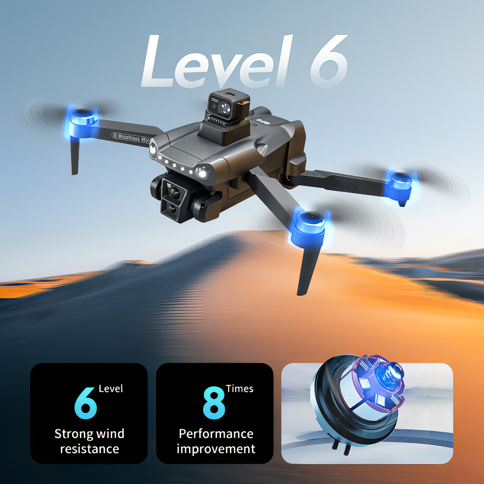 Eonvy Air+ Drone with Level 6 branding and features on a scenic background