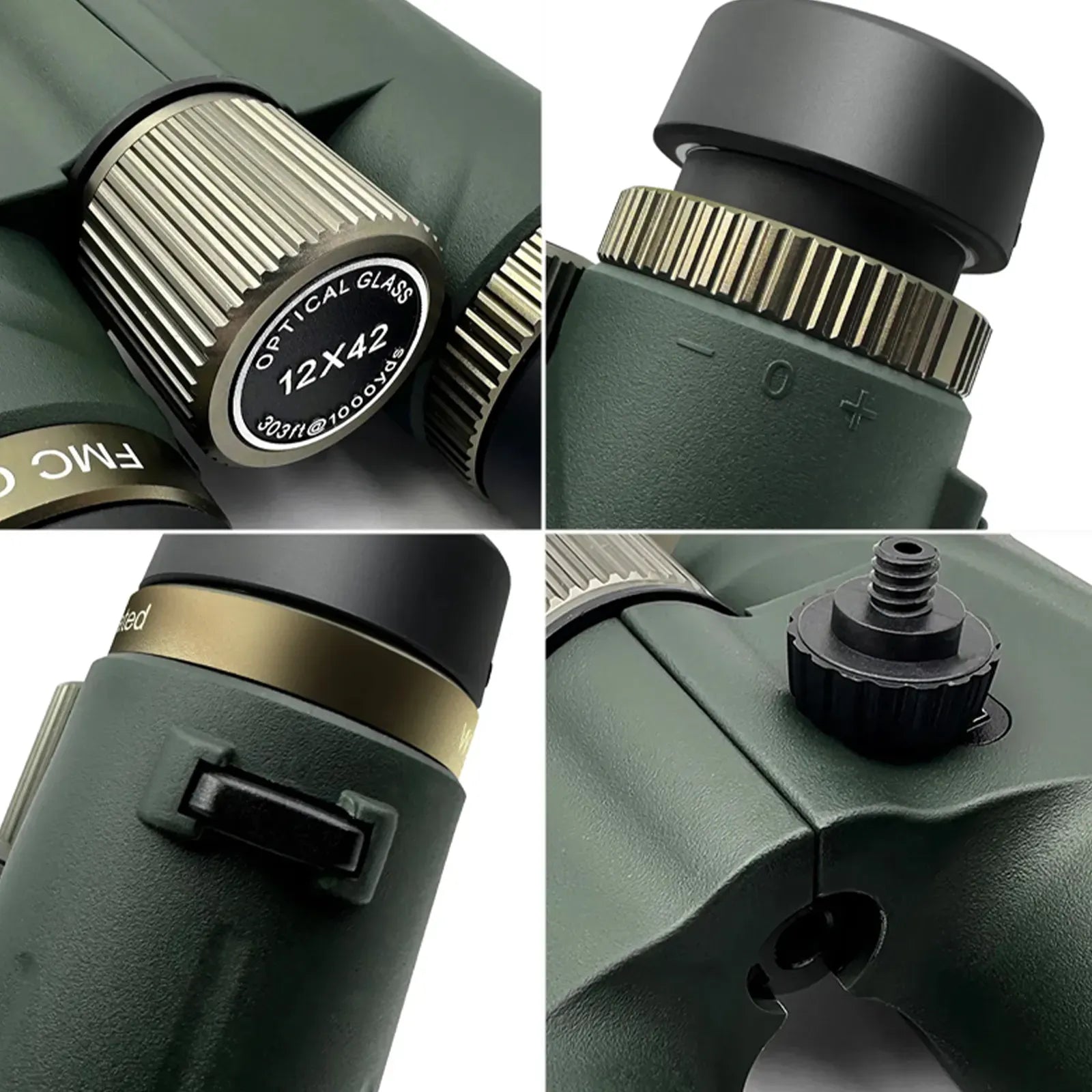 Close-up details of a green Evoluir Binoculars with focus on optical glass and lens.