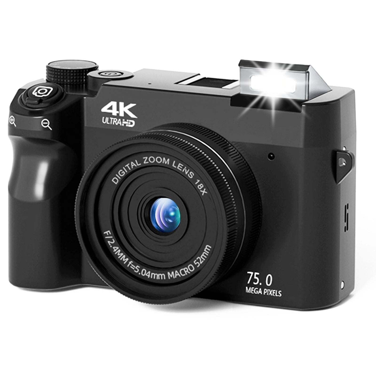 Black Evoluir Digital Camera with 4K Ultra HD and 75.0 mega pixels on a white background