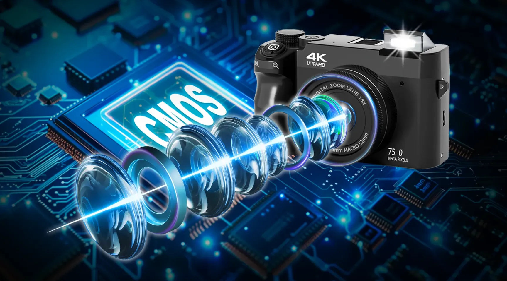 Evoluir Digital Camera with lens and CMOS sensor on a digital circuit board background