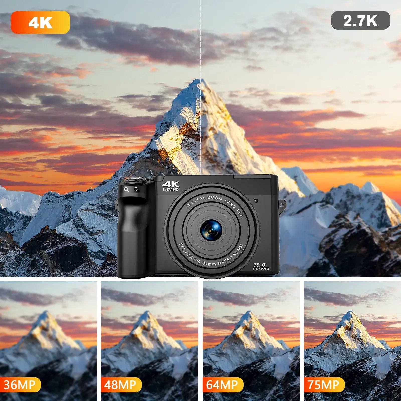 Evoluir Digital Camera with mountain landscape showing different resolution options