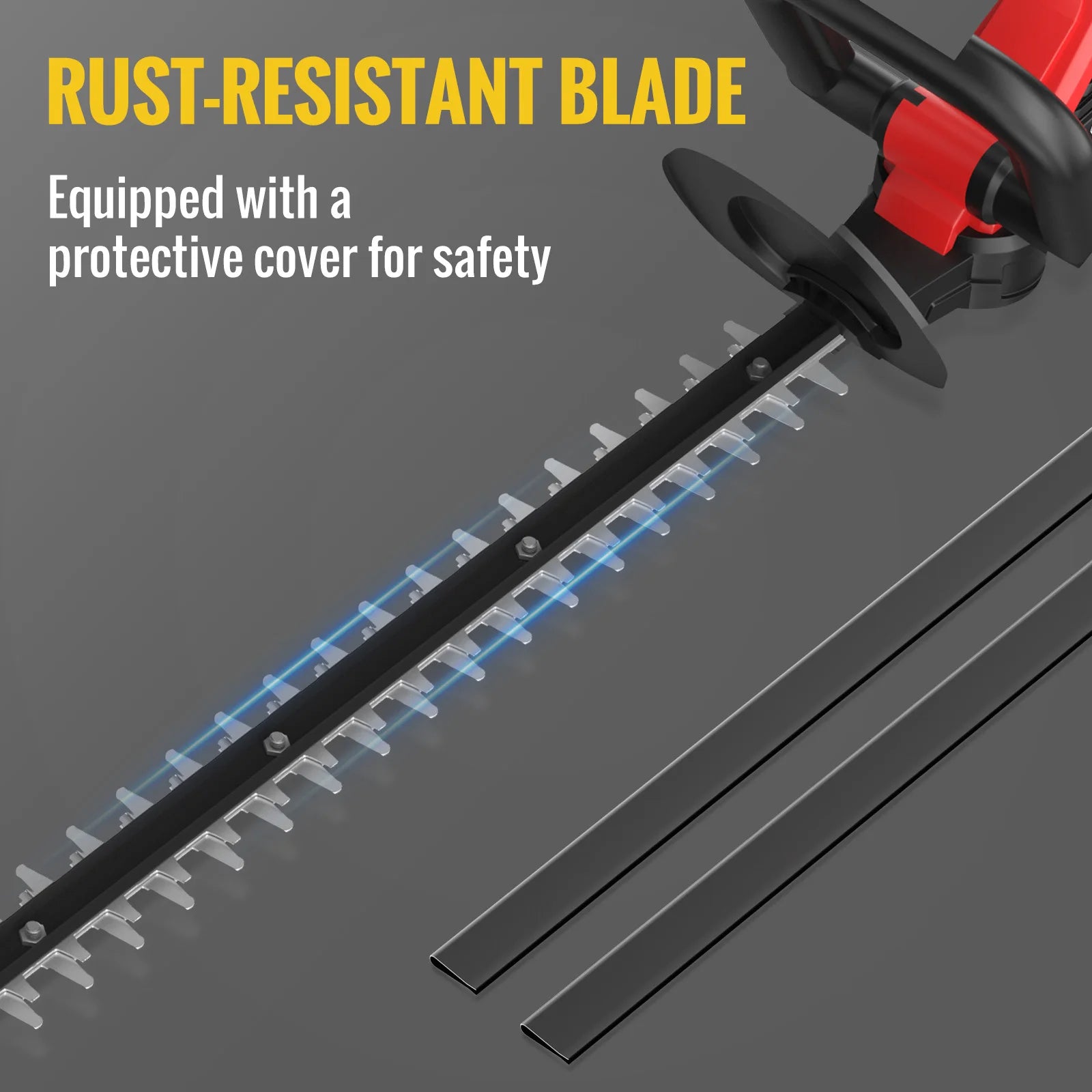 GreenGoo Cordless Hedge Trimmer with rust-resistant blade and protective cover on a gray background