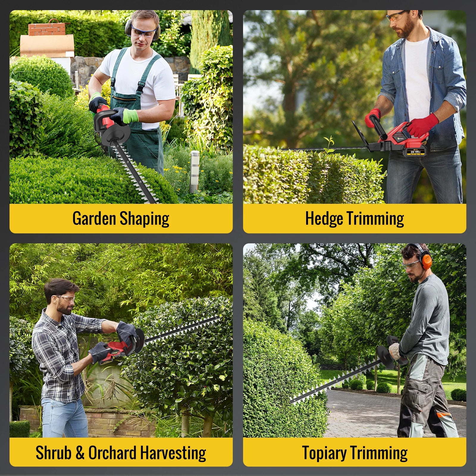 Collage of a person using a GreenGoo Cordless Hedge Trimmer for garden shaping, hedge trimming, shrub & orchard harvesting, and topiary trimming.