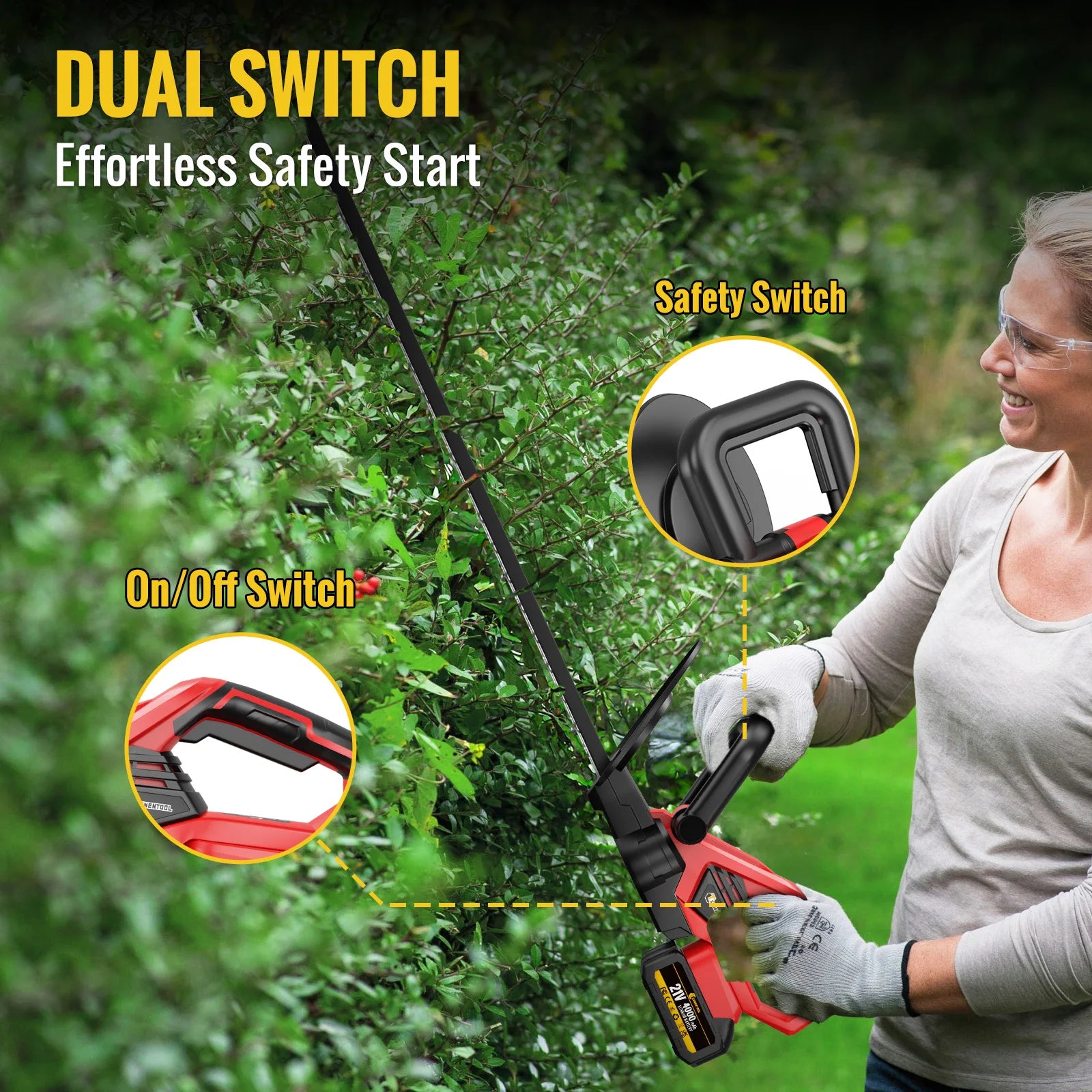 Person using a GreenGoo Cordless Hedge Trimmer with dual switch features, surrounded by greenery.