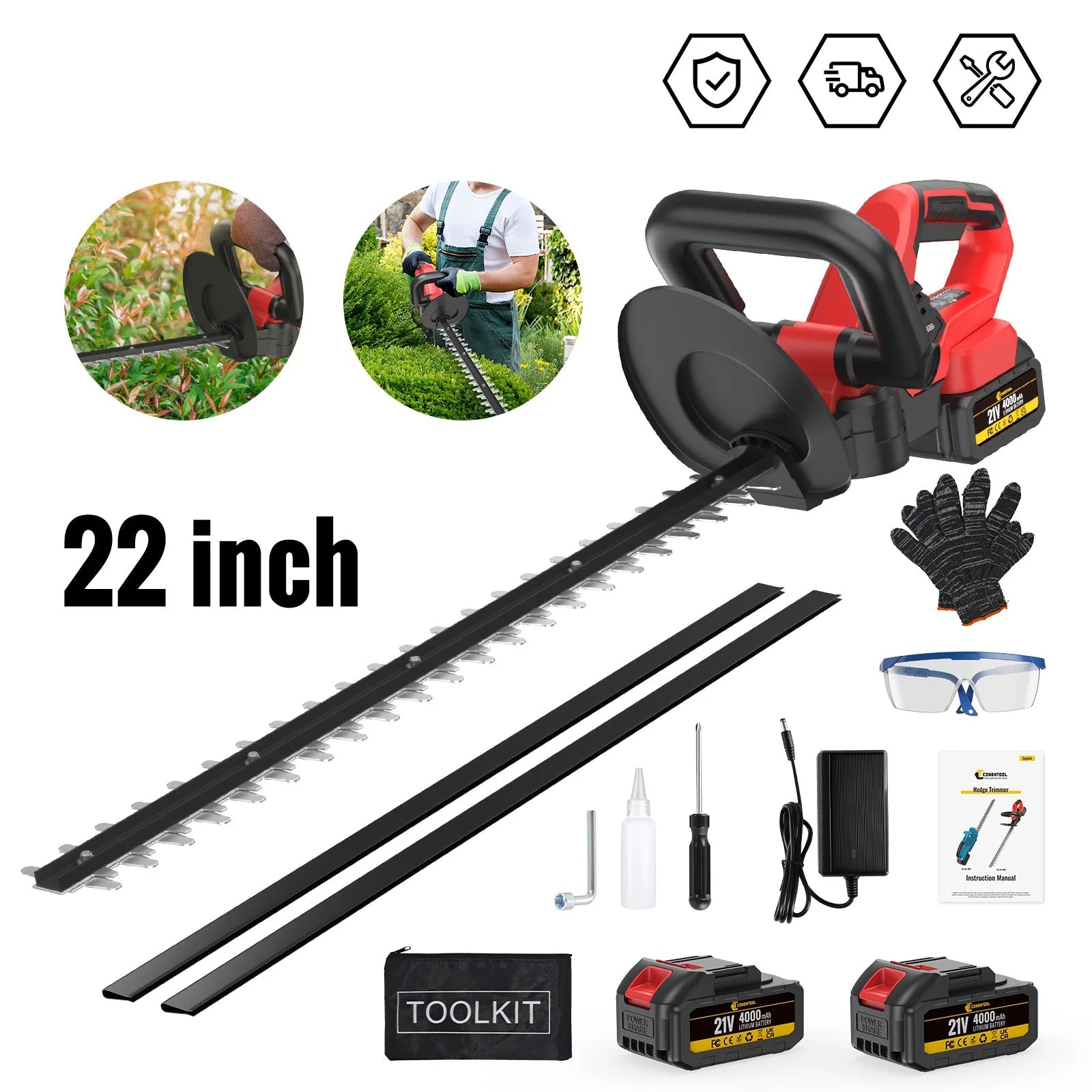 22-inch GreenGoo Cordless Hedge Trimmer set with accessories on a white background, featuring Conentool branding.