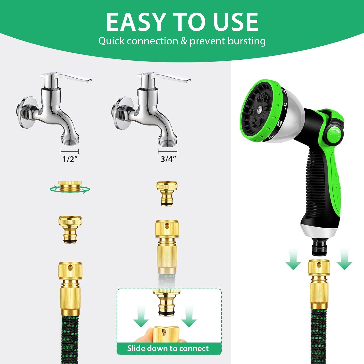 GreenGoo Garden Hose Pipe and faucet connectors with easy connection features on a white background