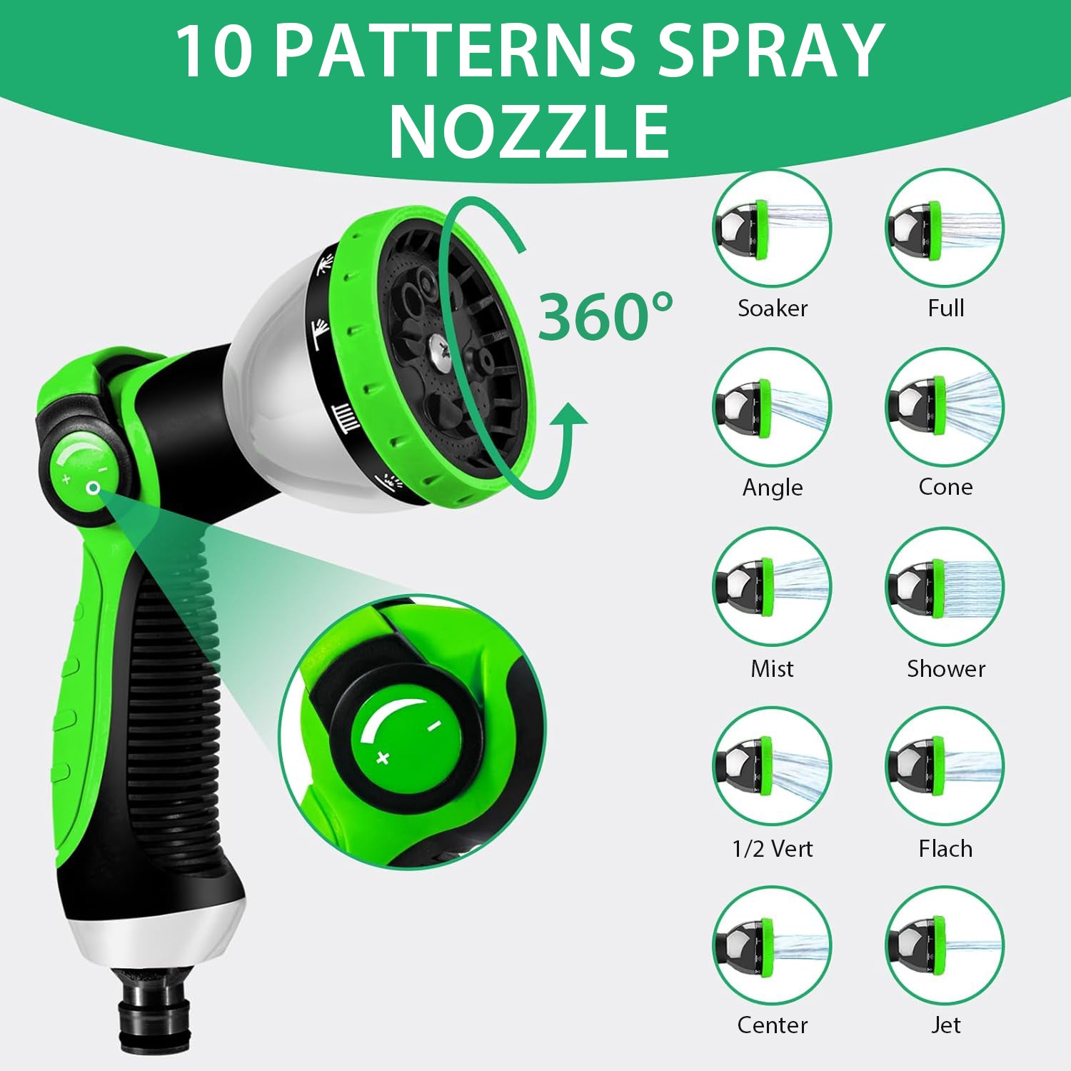 GreenGoo Garden Hose Pipe Green and black spray nozzle with 10 spray patterns displayed on a white background
