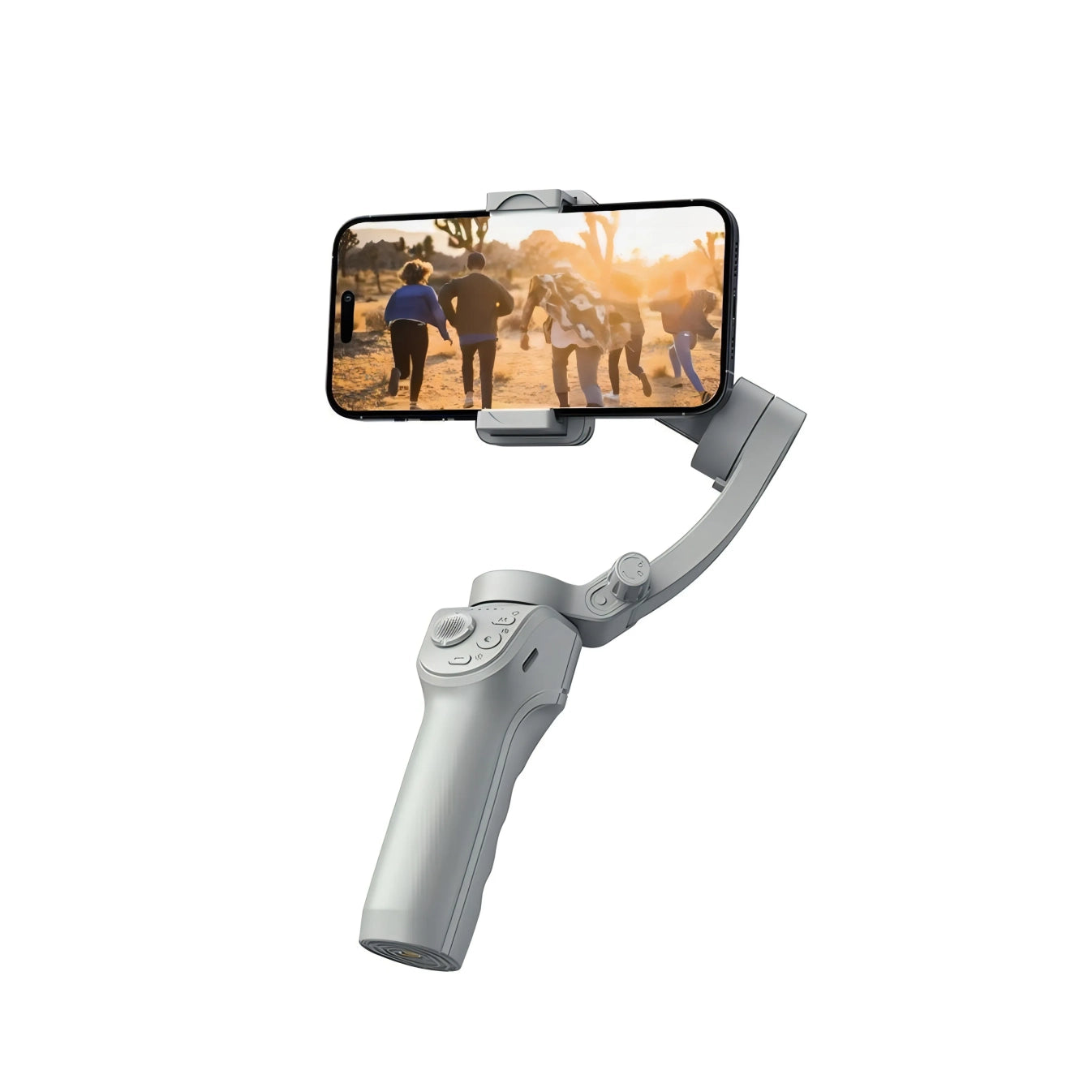 Kozenix Gimbal stabilizer with phone attached on a white background