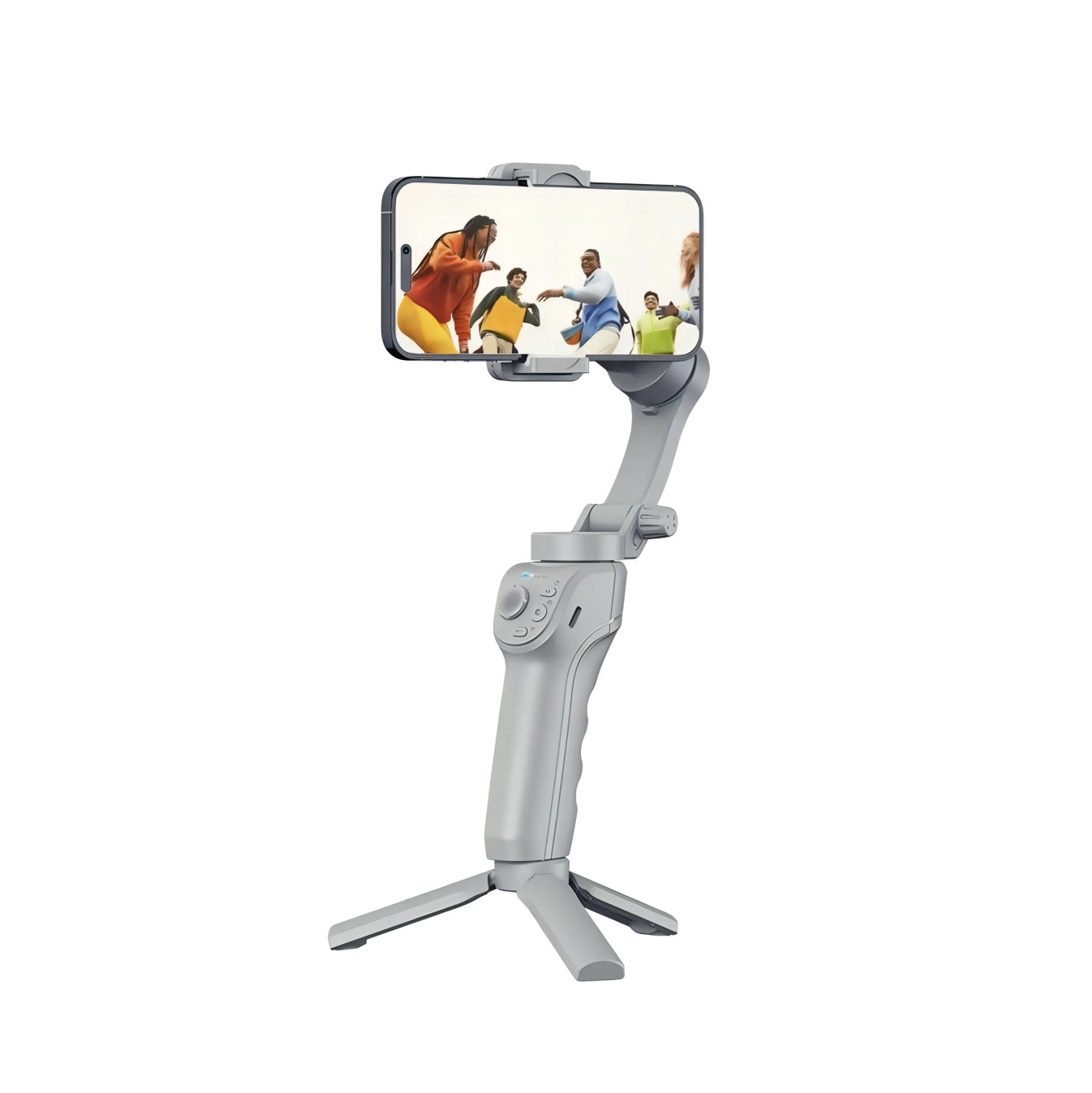 Phone Kozenix Gimbal stabilizer with smartphone displaying a sports game on a white background