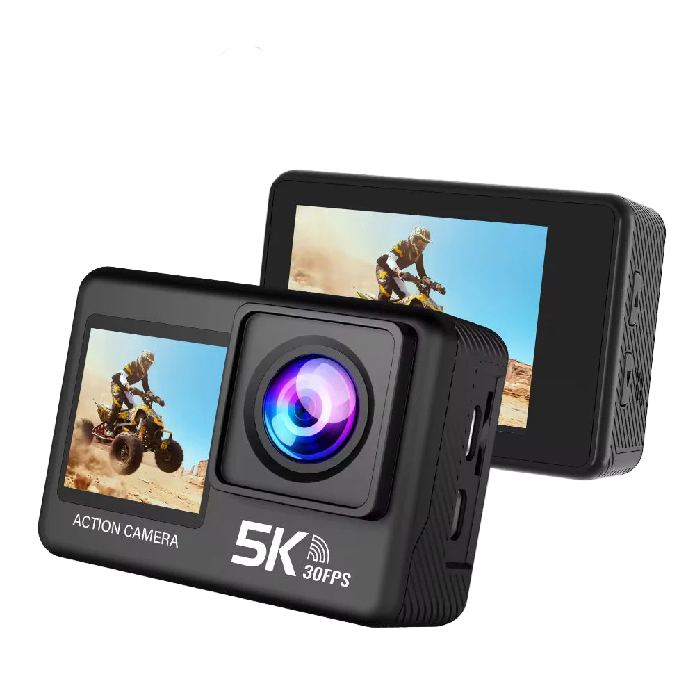 MatroDive Action camera with dual screens displaying outdoor activities on a white background