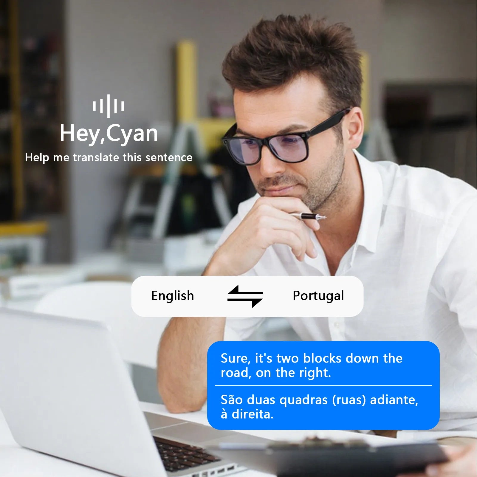 Man using a translation Meacode AI Smart Glasses on a laptop with text in English and Portuguese.