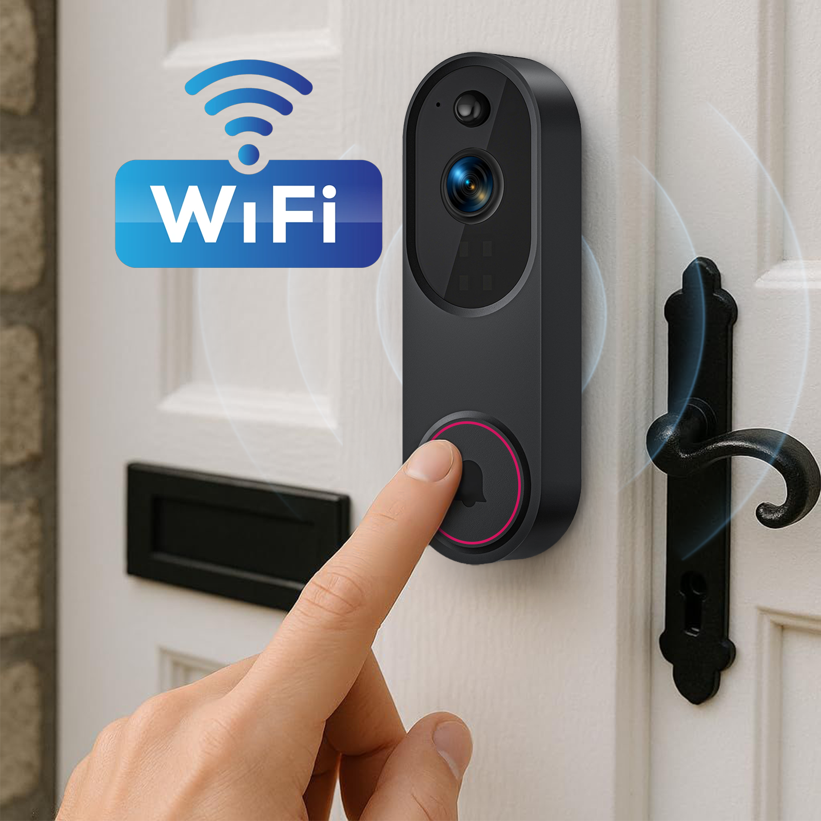 Meacode Doorbell Camera with WiFi icon on a door, hand pressing button