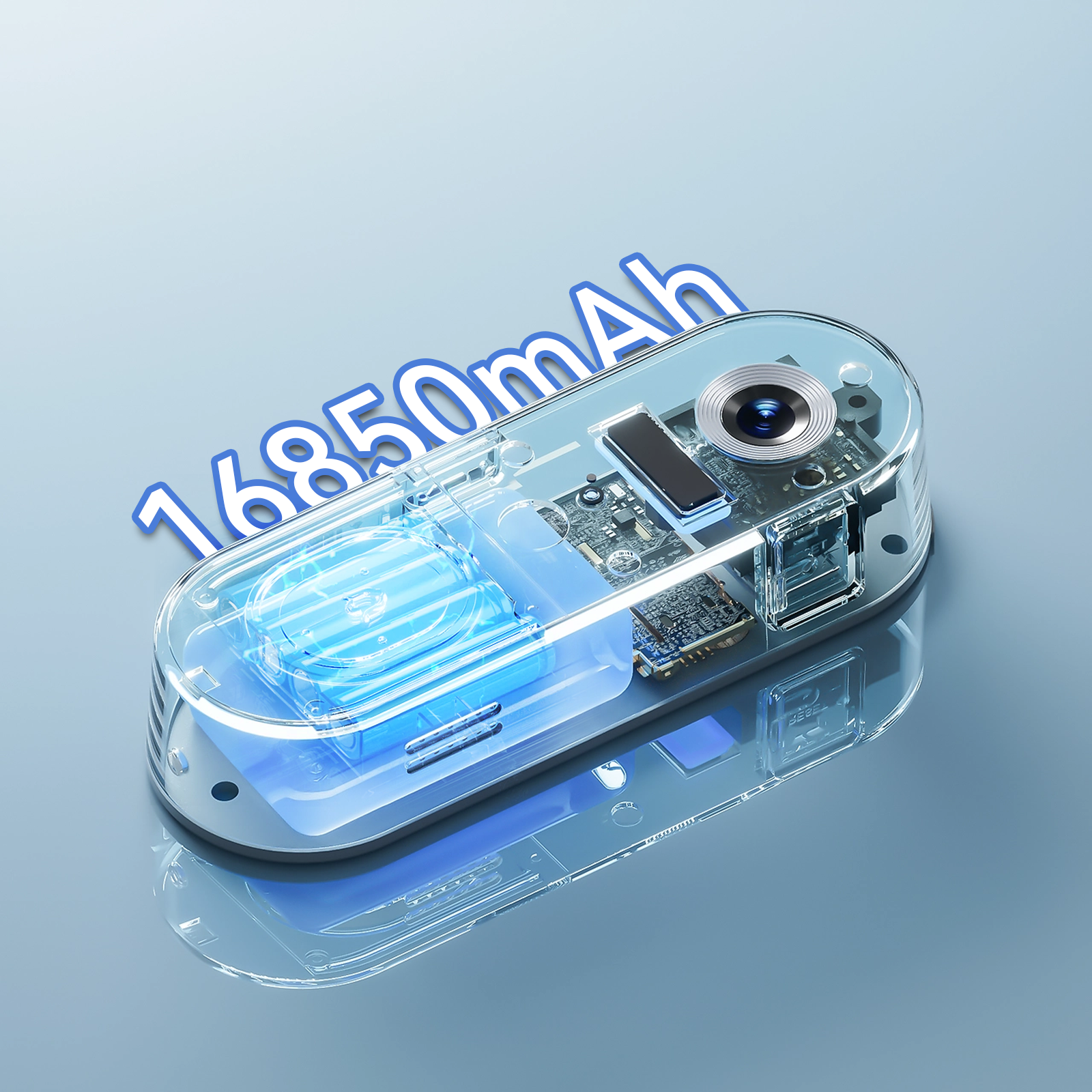 Transparent battery pack with electronic components on a light blue background, displaying '16850mAh'.