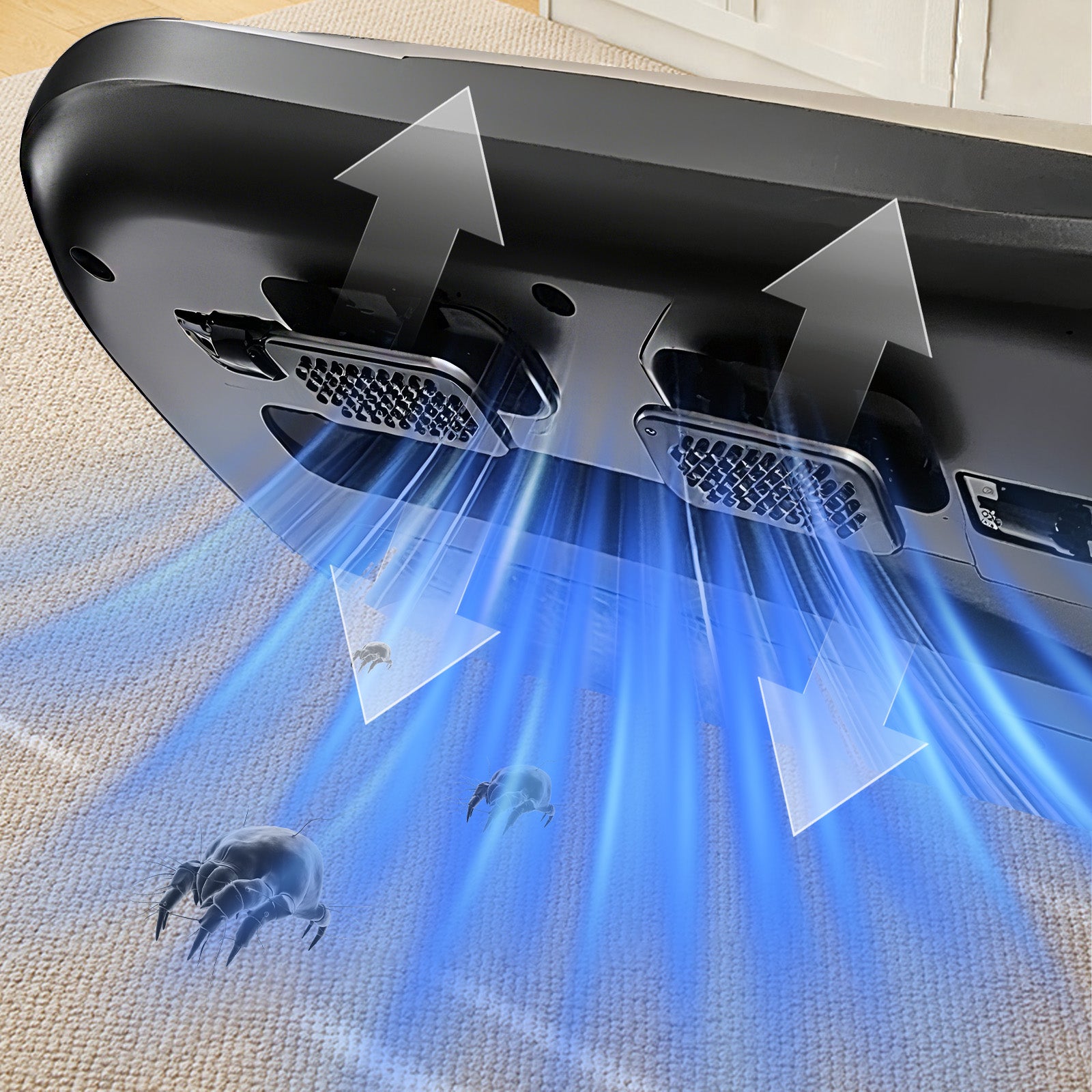 Meacode Mite-Removing UV Vacuum Cleaner with blue light and smoke effect on a textured surface