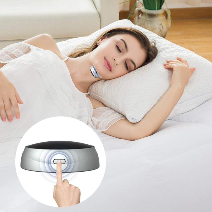 Woman lying on a bed with a white pillow, using a handheld Meacode Smart Anti Snoring Device.