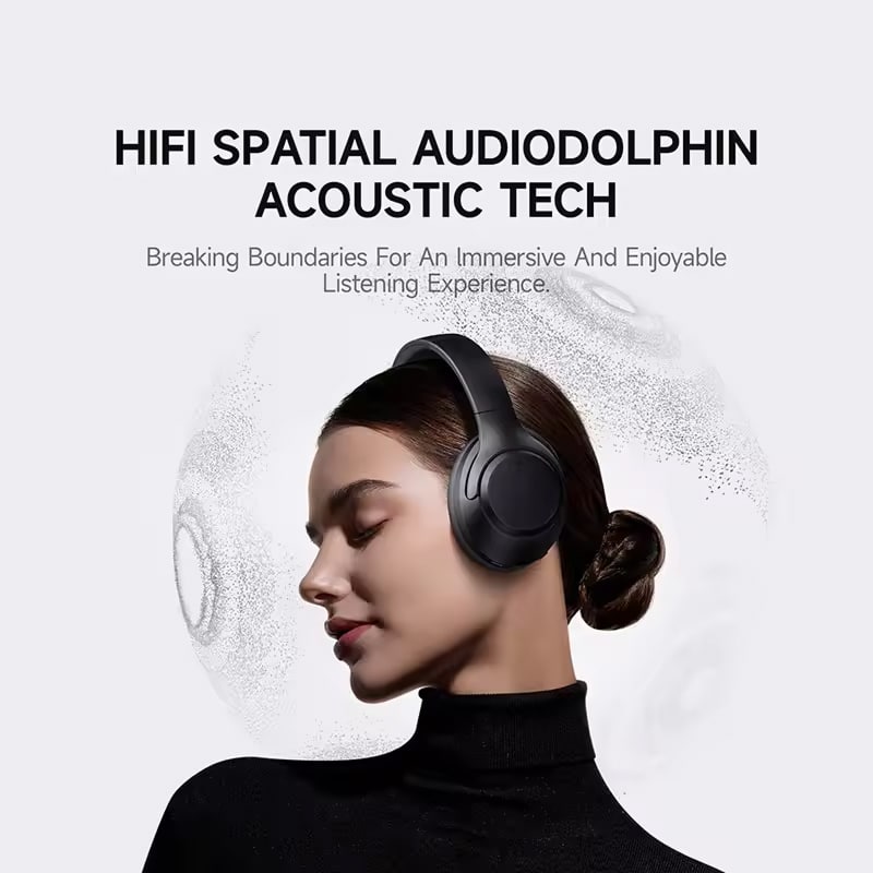 Person wearing black Mufflyon Noise Canceling Headphones with text about HIFI spatial audiodolphin acoustic tech on a light gray background