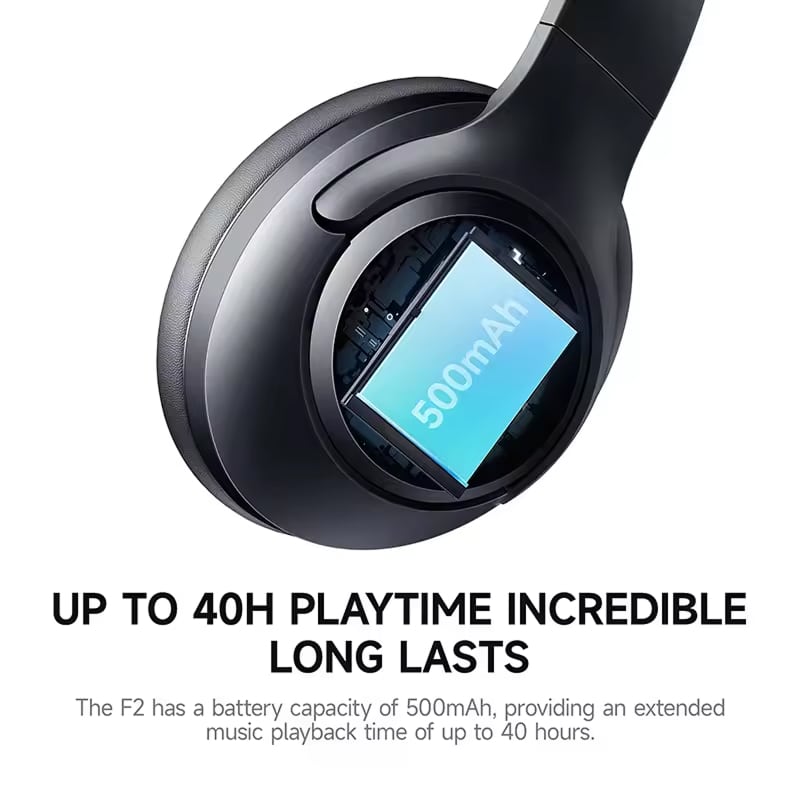 Black Mufflyon Noise Canceling Headphones with a battery display showing 500mAh and text about playtime on a white background