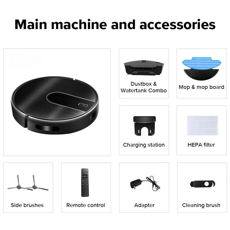 List of N7S robot vacuum cleaner components including main machine, dustbox, water tank combo, mop, charging station, HEPA filter, side brushes, remote control, adapter, and cleaning brush.