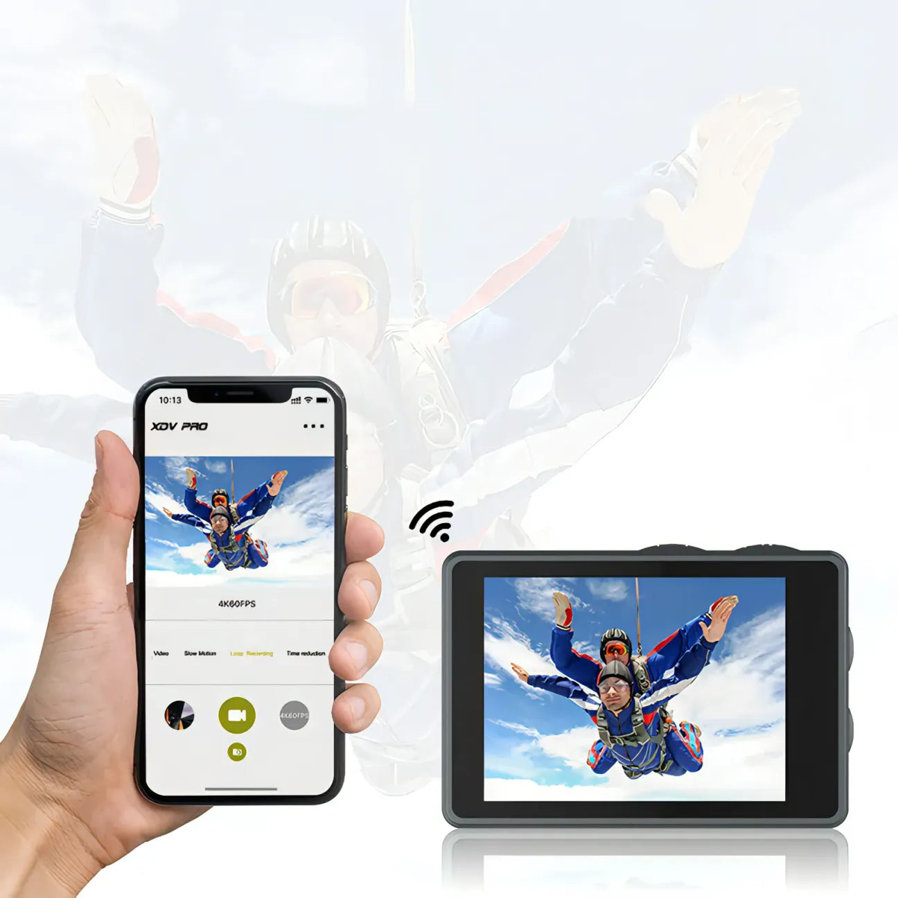 Smartphone displaying a skydiving app and a Nordzens Action Camera showing a video of two people skydiving.