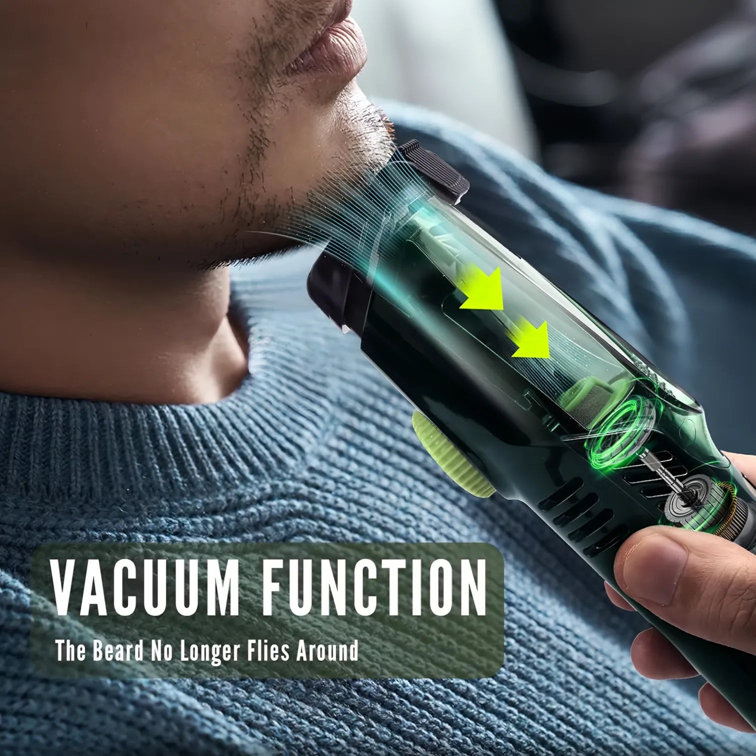 Person using a Nordzens Beard Trimmer cleaner with text highlighting its function.