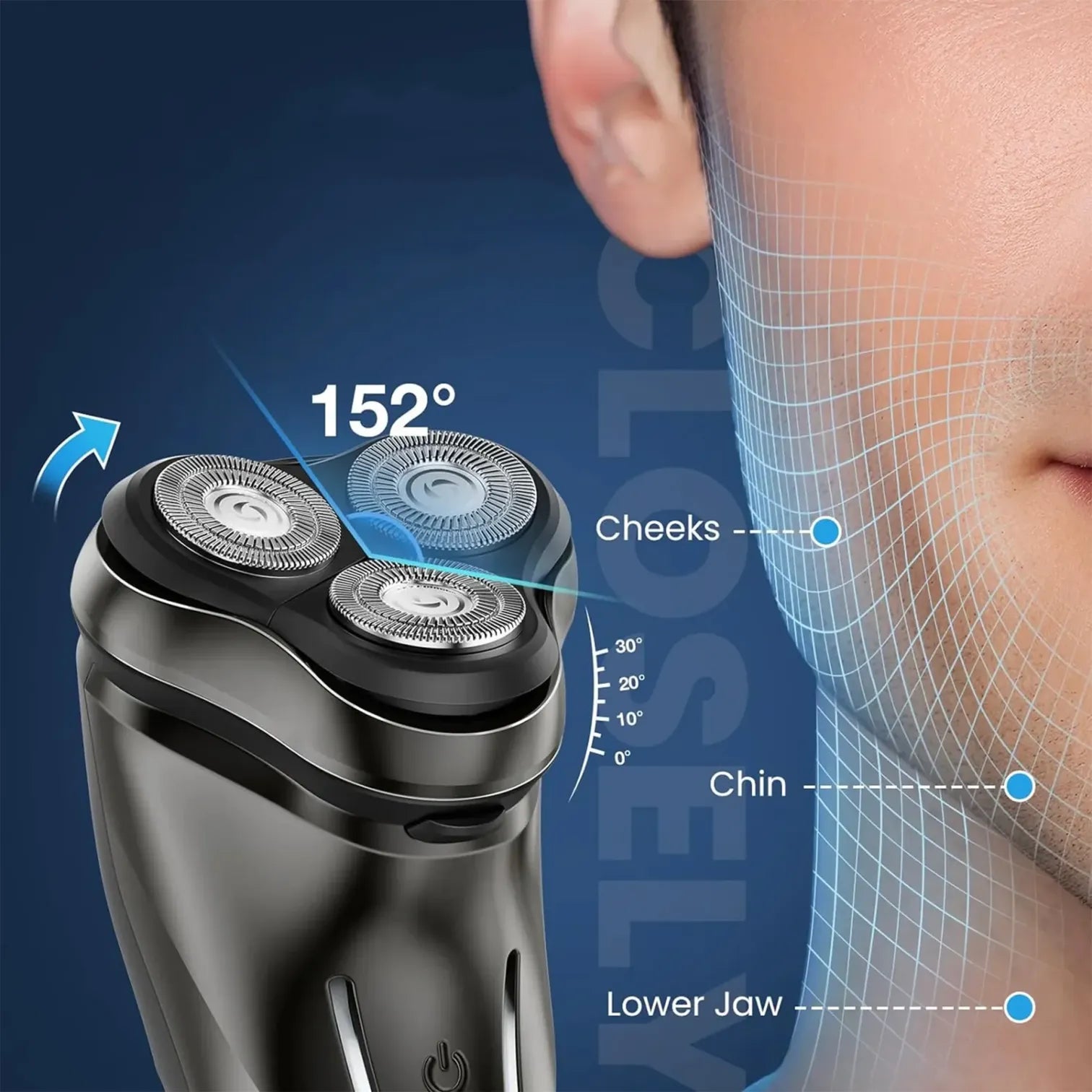 Nordzens Electric Shaver with shaving heads and a close-up of a person's face with labeled areas for shaving.