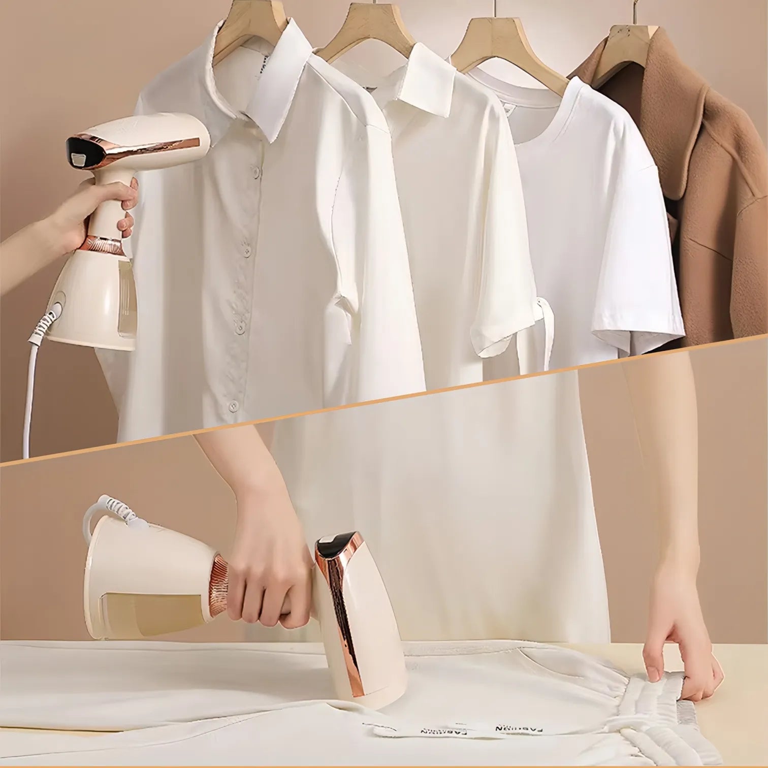 Person using a Nordzens Garment Steamer on a white shirt with a beige background