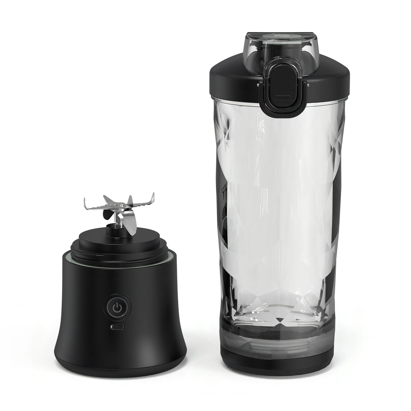 Black and transparent Nordzens Portable Blender with base on a white background