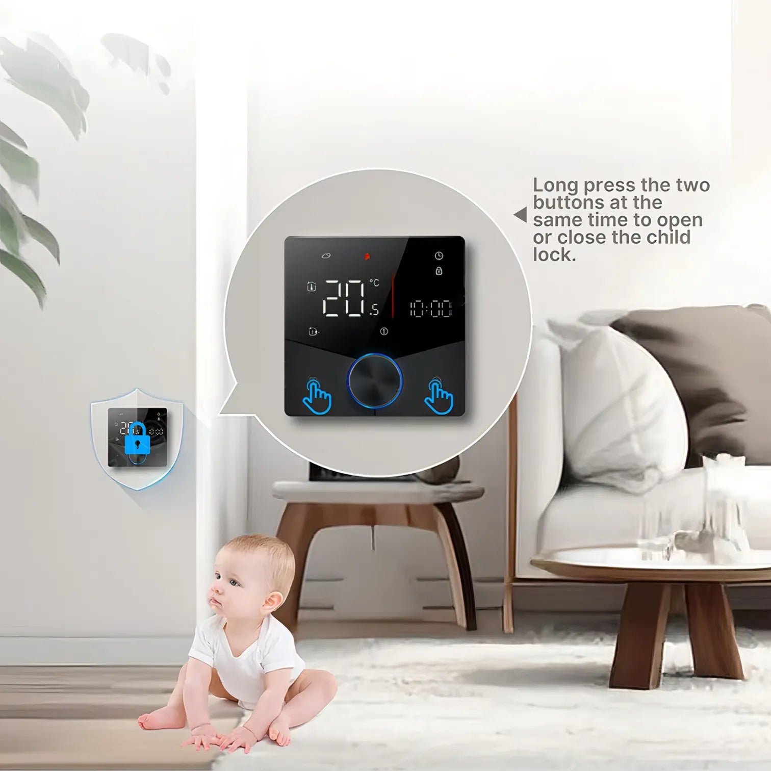 Baby sitting on the floor with a digital Nordzens Thermostat in the background
