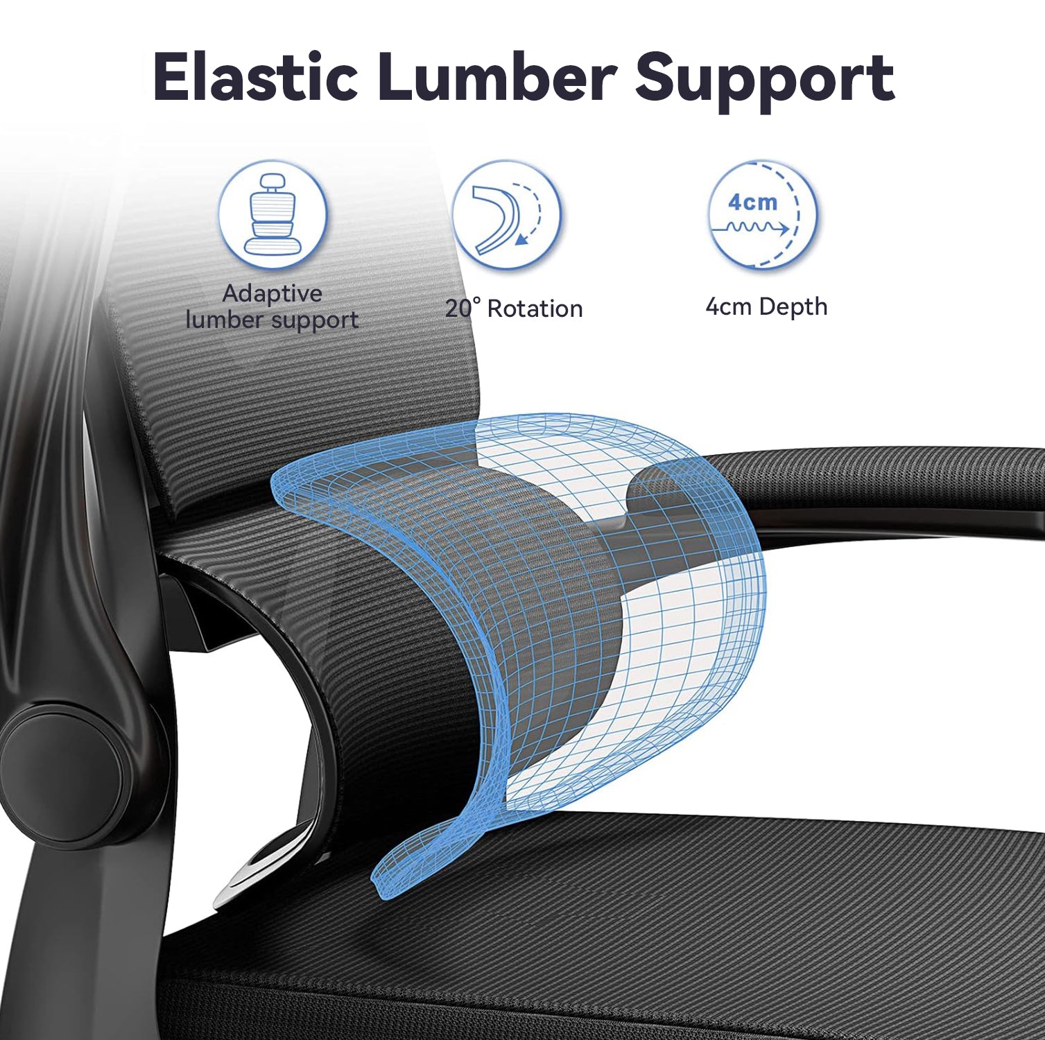 Elastic lumber support feature on an Ocanvas Office Chair with labeled benefits.