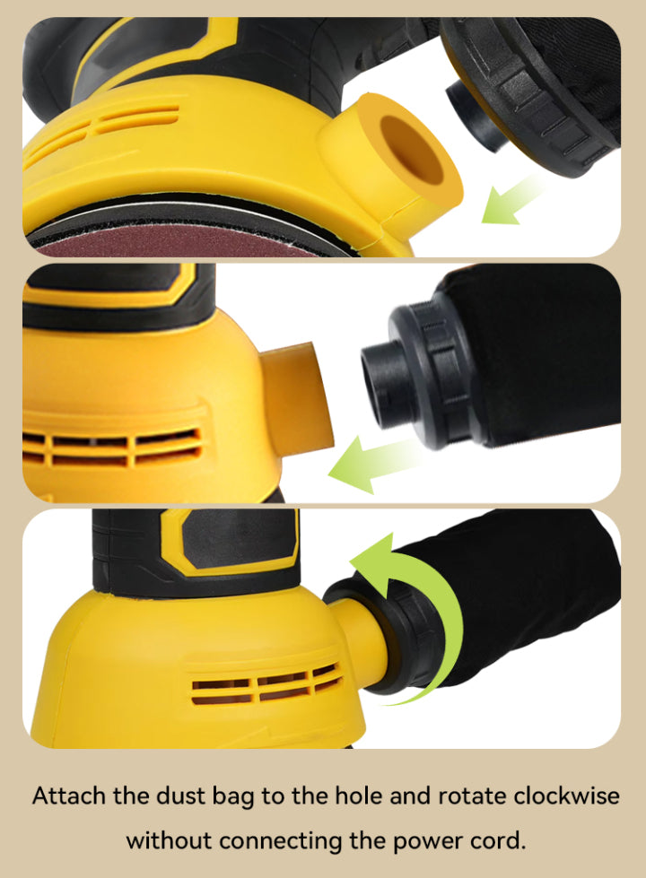 Yellow and black Ocanvas Orbital Sander with dust bag attachment instructions on a beige background