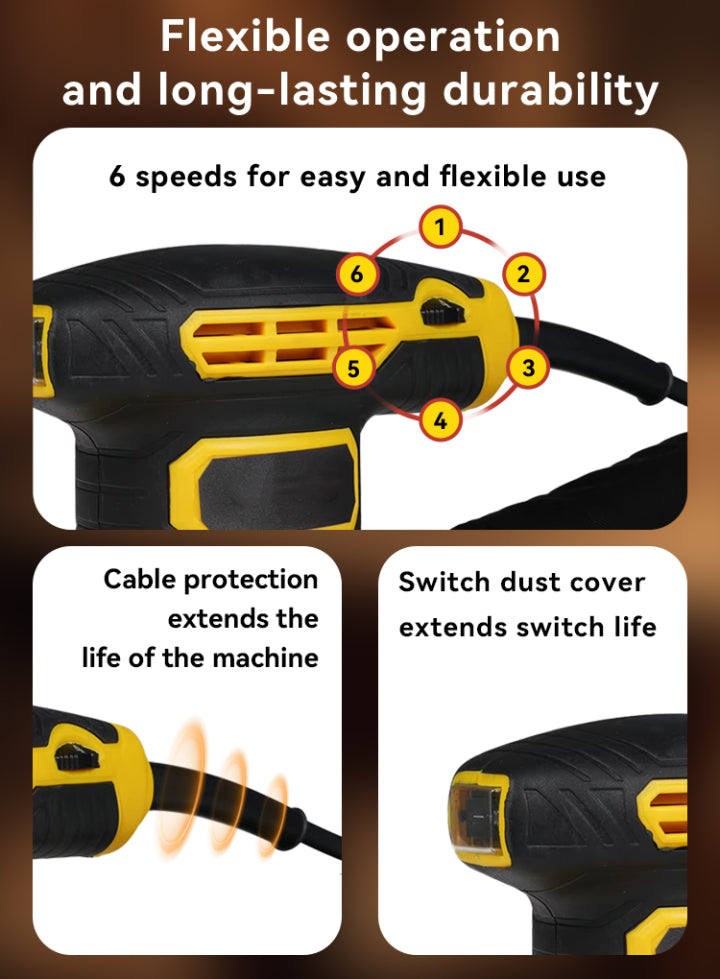 Ocanvas Orbital Sander with features highlighted on a brown background