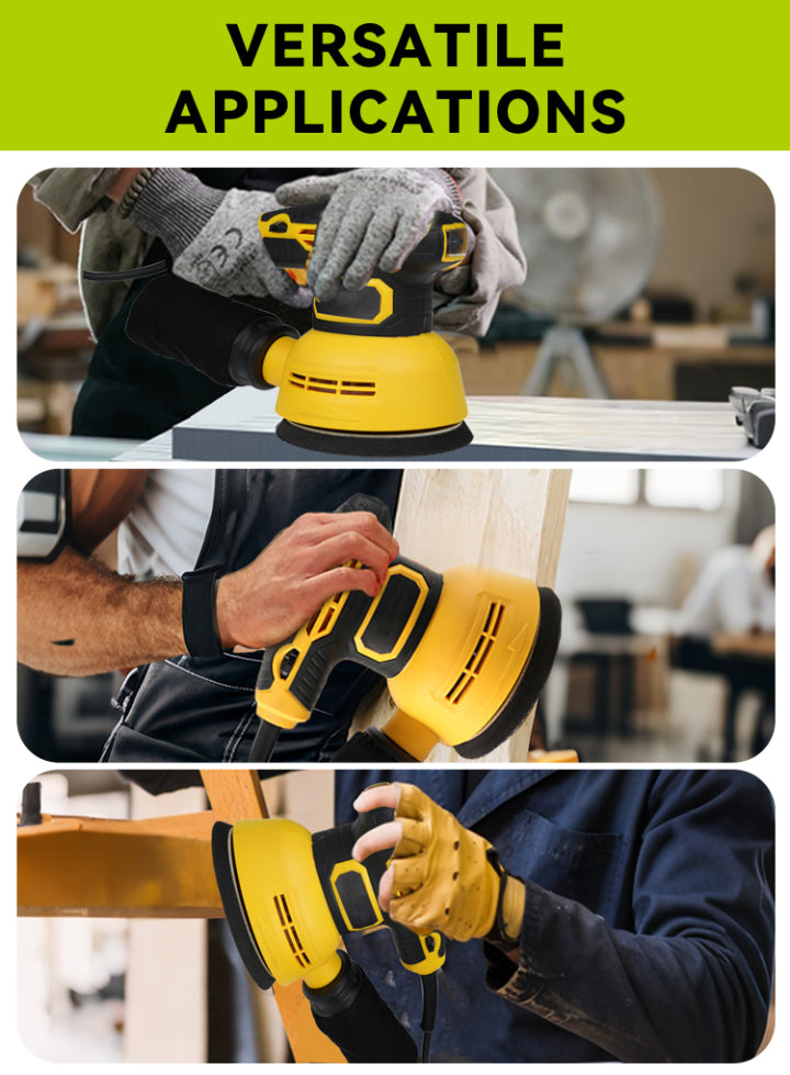 Yellow power Ocanvas Orbital Sander being used on a wooden surface with text 'VERSATILE APPLICATIONS' on a green background.