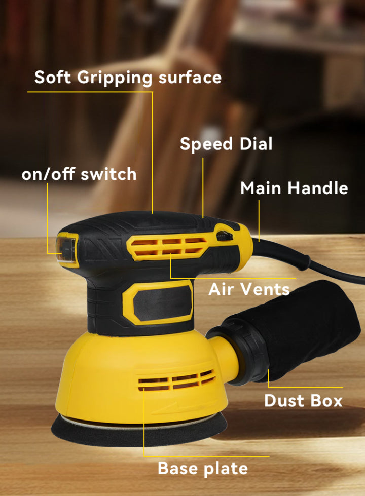 Yellow and black random Ocanvas Orbital Sander with labeled parts on a wooden surface