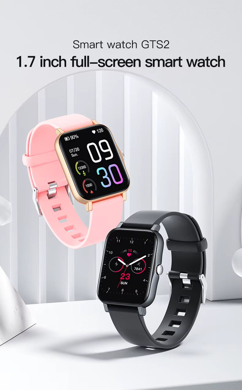 Two Qnixwatch Smartwatch, one pink and one black, on a white background with text 'Smart watch GTS2' and '1.7 inch full-screen smart watch'.