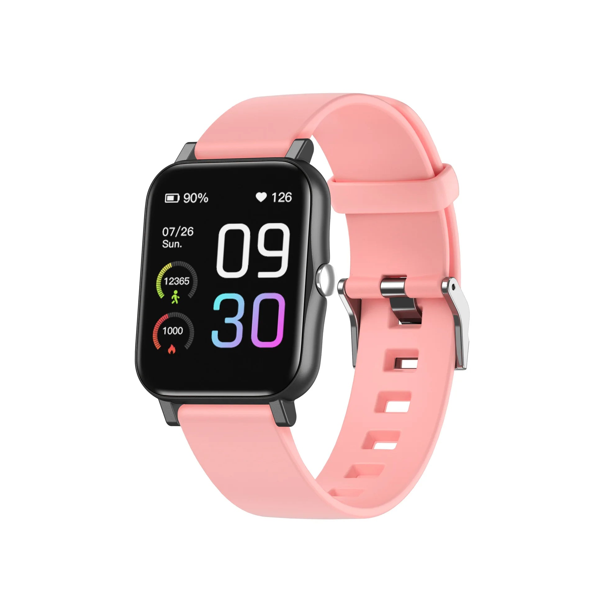 Qnixwatch Smartwatch with a pink band on a white background