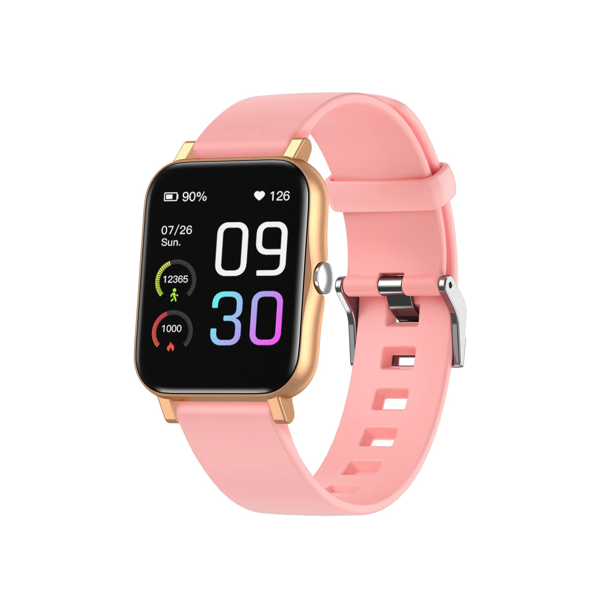 Qnixwatch Smartwatch with a pink band on a white background
