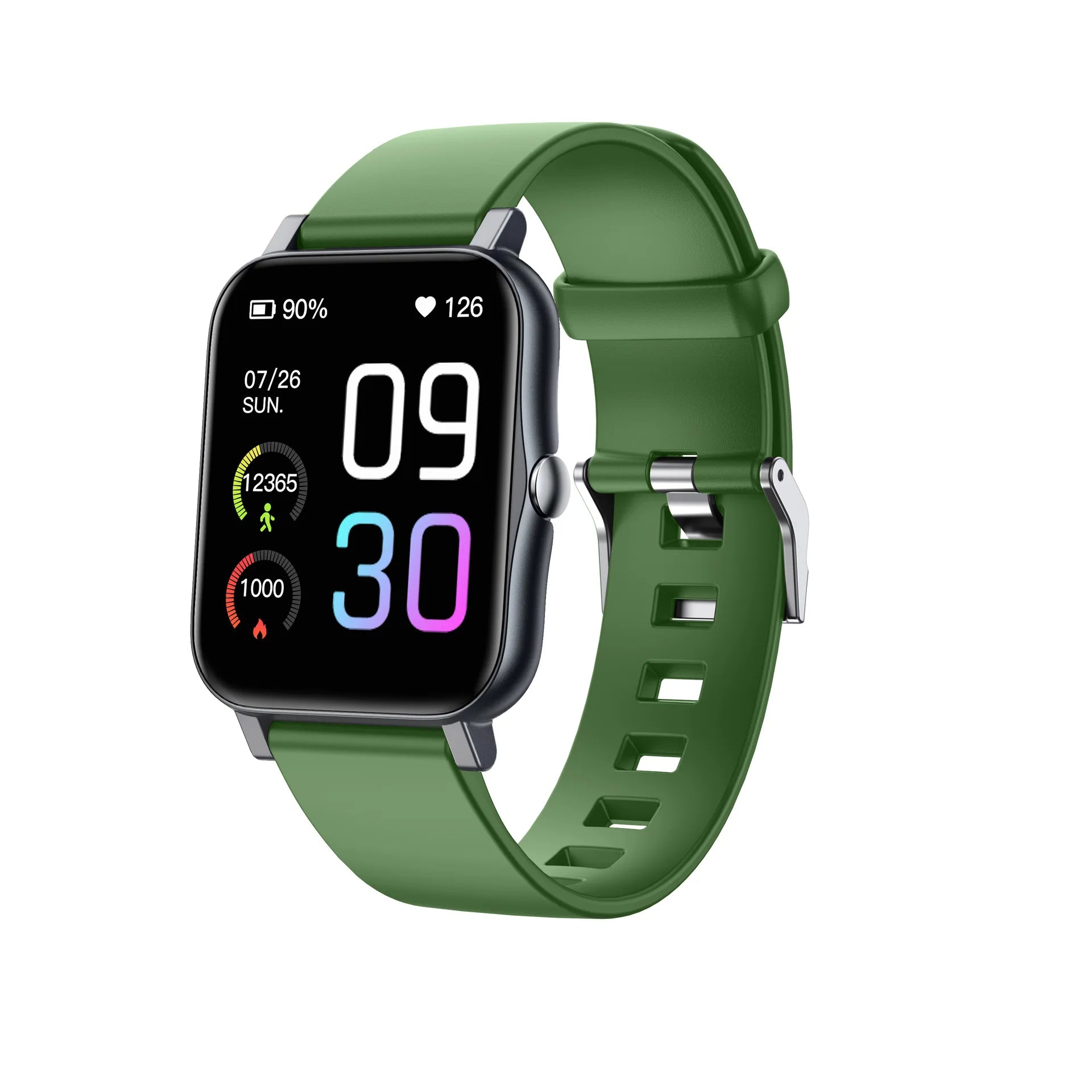 Green Qnixwatch Smartwatch with a digital display on a white background