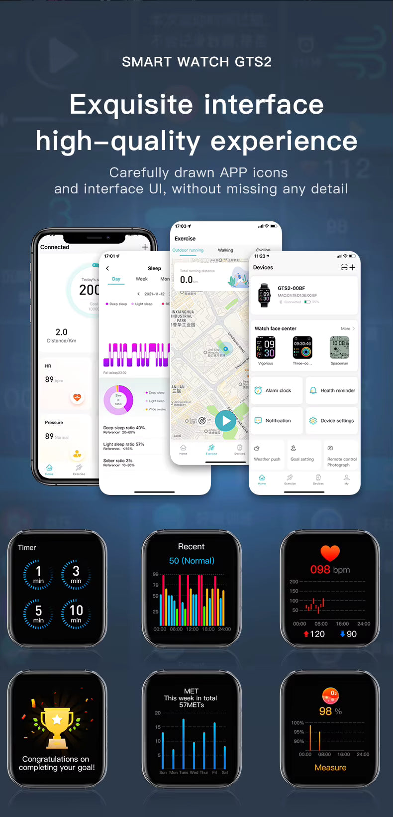 Qnixwatch Smartwatch interface with various app icons and screens on a dark blue background